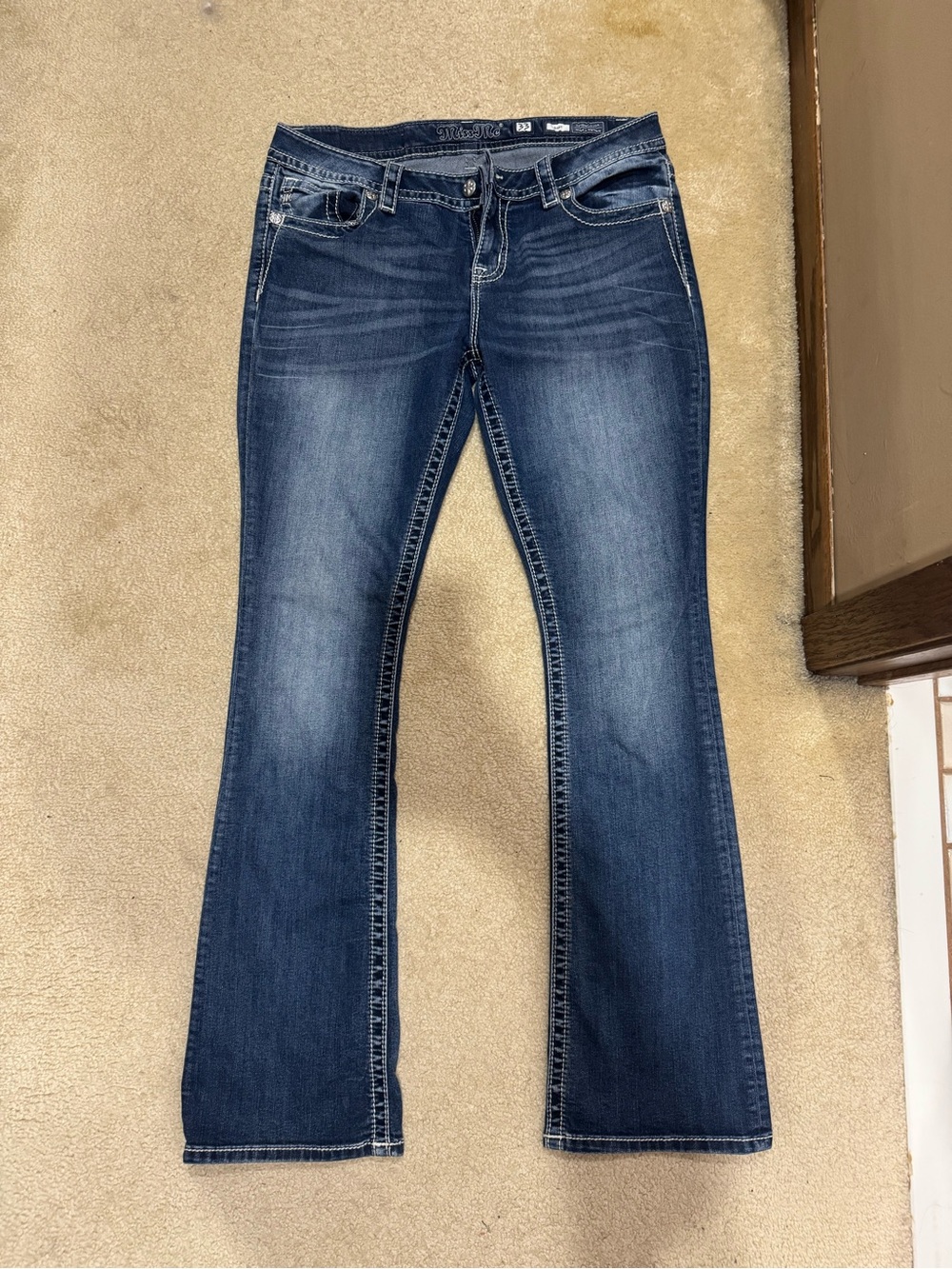 Miss Me Dark Blue Flare Jeans with Faded Whiskering